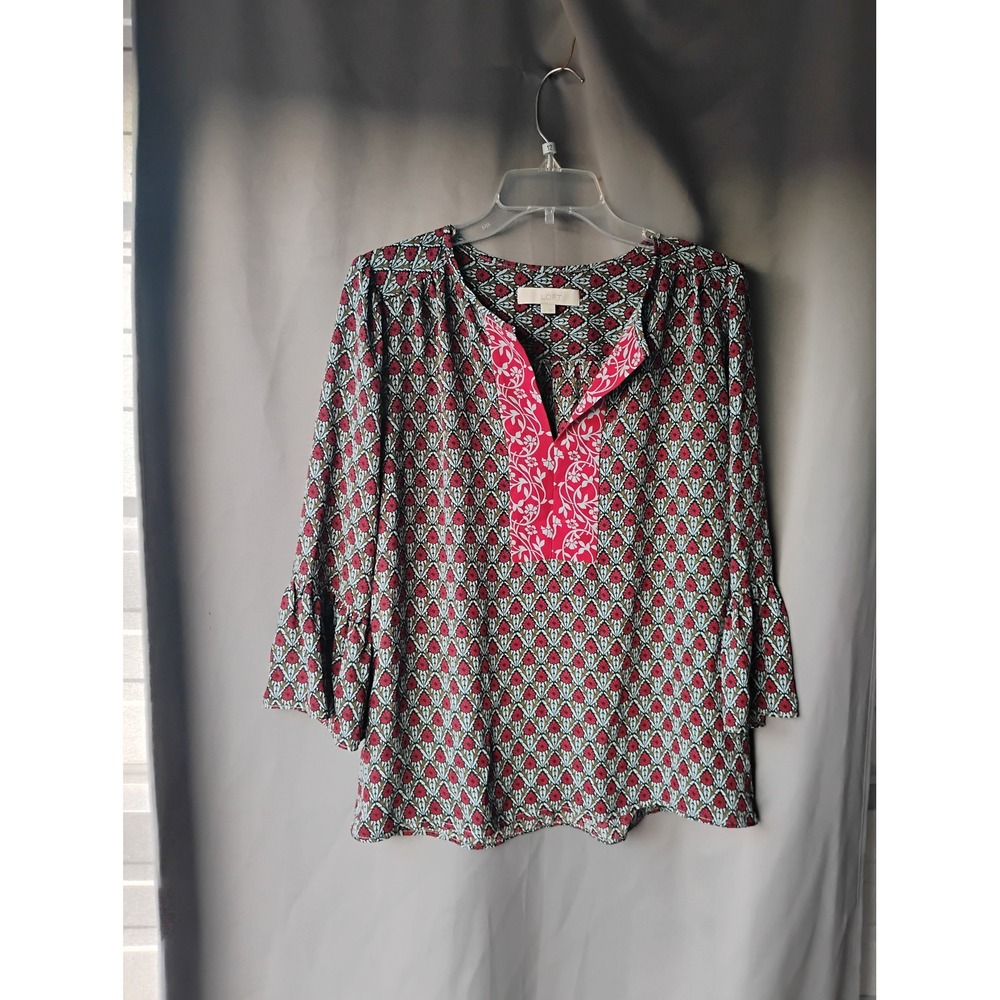 LOFT Ann Taylor Red Blue Geometric Floral Bell Sleeve Split Neck Blouse Medium